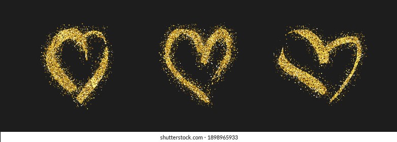 Set of three gold glitter doodle hearts on dark background. Gold grunge hand drawn heart. Romantic love symbol. Vector illustration.