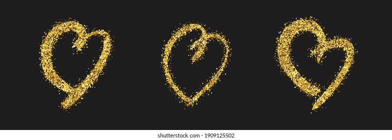 Set of three gold glitter doodle hearts on dark background. Gold grunge hand drawn heart. Romantic love symbols. Vector illustration.