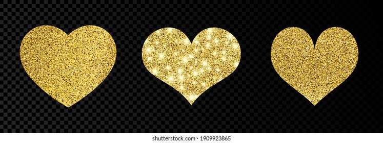 Set of three gold glittering hearts on dark transparent background. Background with gold sparkles and glitter effect. Vector illustration