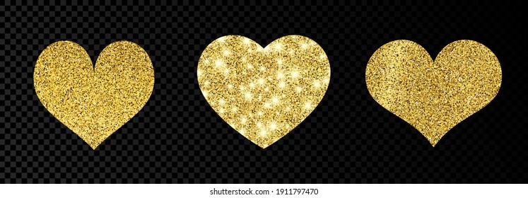 Set of three gold glittering hearts on dark transparent background. Background with gold sparkles and glitter effect. Vector illustration