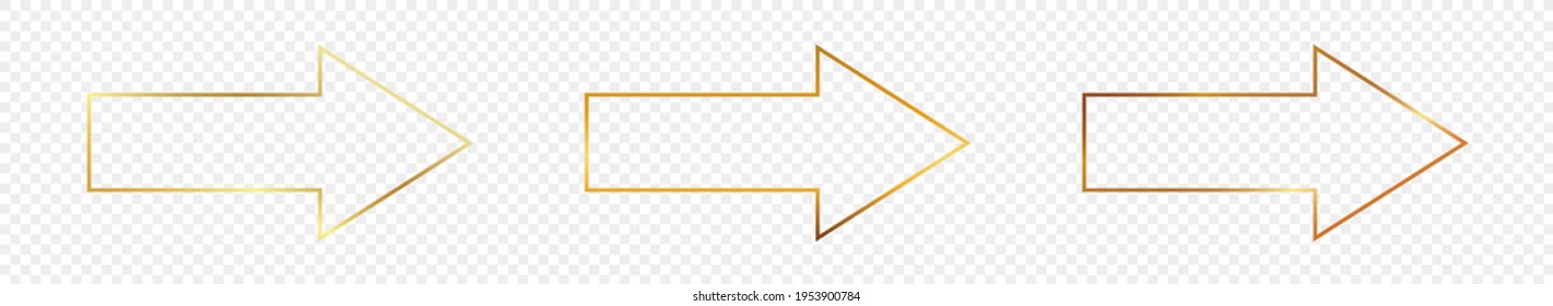 Set of three gold glowing arrow shape frames isolated on transparent background. Shiny frame with glowing effects. Vector illustration.