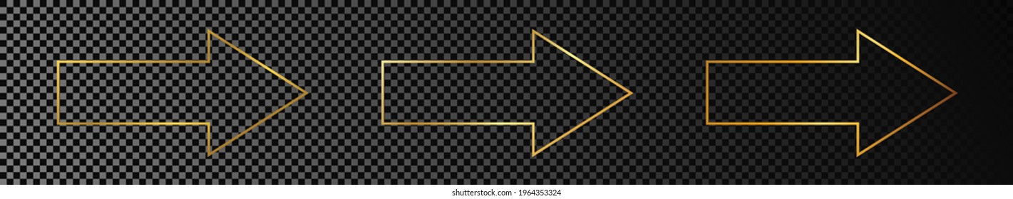 Set of three gold glowing arrow shape frames isolated on dark transparent background. Shiny frame with glowing effects. Vector illustration.
