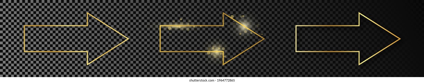 Set of three gold glowing arrow shape frames isolated on dark transparent background. Shiny frame with glowing effects. Vector illustration.