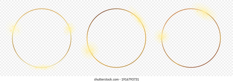 Set of three gold glowing circle frames isolated on transparent background. Shiny frame with glowing effects. Vector illustration.