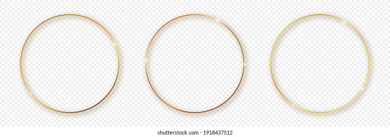 Set of three gold glowing circle frames with shadow isolated on transparent background. Shiny frame with glowing effects. Vector illustration.