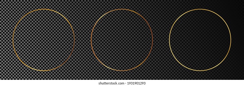 Set of three gold glowing circle frames isolated on dark transparent background. Shiny frame with glowing effects. Vector illustration.