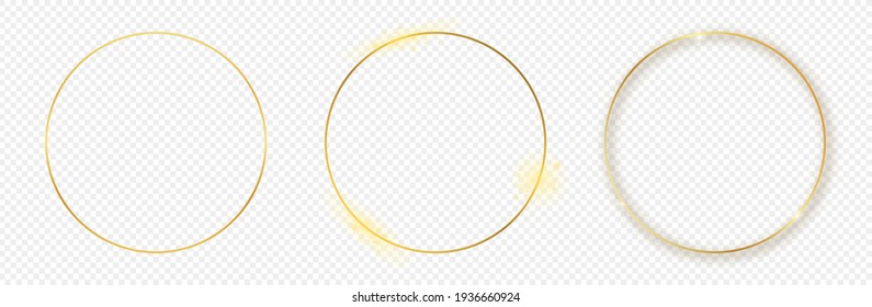 Set of three gold glowing circle frames isolated on transparent background. Shiny frame with glowing effects. Vector illustration.