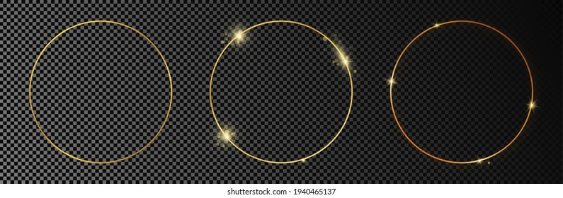 Set of three gold glowing circle frames isolated on dark transparent background. Shiny frame with glowing effects. Vector illustration.