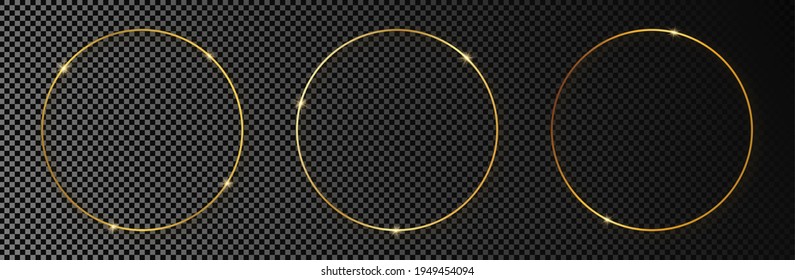 Set of three gold glowing circle frames isolated on dark transparent background. Shiny frame with glowing effects. Vector illustration.