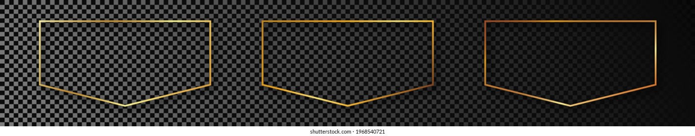 Satz von drei goldglühenden Rahmen einzeln auf dunkeltransparentem Hintergrund. Leuchtender Rahmen mit leuchtenden Effekten. Vektorgrafik.
