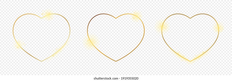 Conjunto de tres formas doradas de corazón resplandecientes aisladas sobre un fondo transparente. Marco brillante con efectos brillantes. Ilustración vectorial.