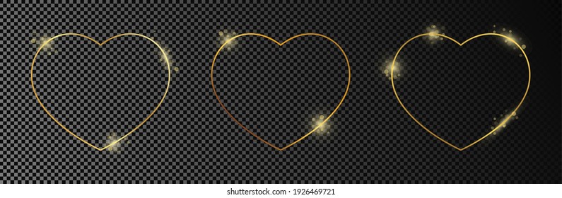 Conjunto de tres formas doradas de corazón brillantes aisladas sobre un fondo transparente oscuro. Marco brillante con efectos brillantes. Ilustración vectorial.