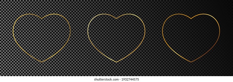 Set of three gold glowing heart shapes isolated on dark transparent background. Shiny frame with glowing effects. Vector illustration.