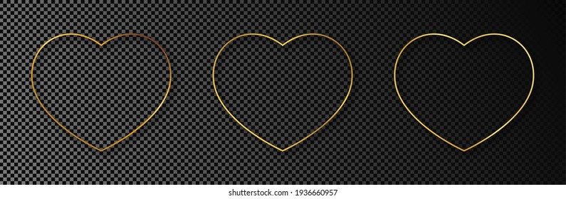 Conjunto de tres formas doradas de corazón brillantes aisladas sobre un fondo transparente oscuro. Marco brillante con efectos brillantes. Ilustración vectorial.