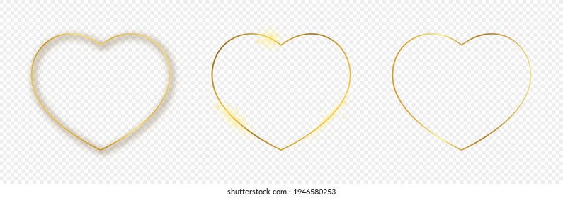 Satz von drei goldglühenden Herzformen einzeln auf transparentem Hintergrund. Leuchtender Rahmen mit leuchtenden Effekten. Vektorgrafik.