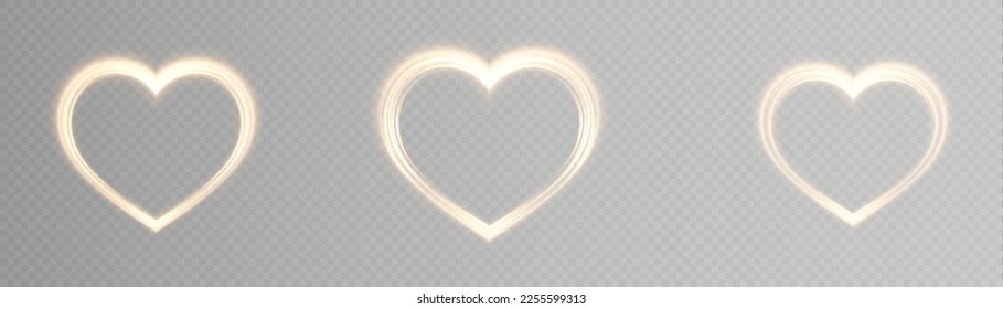 Set of three gold glowing heart shapes isolated on dark transparent background. Shiny frame with glowing effects. Vector illustration.