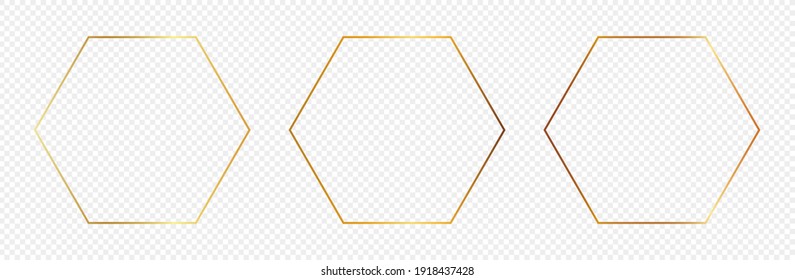Conjunto de tres marcos hexagonales dorados aislados sobre fondo transparente. Marco brillante con efectos brillantes. Ilustración vectorial.