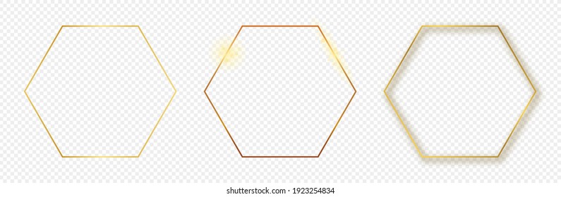 Conjunto de tres marcos hexagonales dorados aislados sobre fondo transparente. Marco brillante con efectos brillantes. Ilustración vectorial.