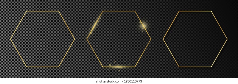 Set of three gold glowing hexagon frames isolated on dark transparent background. Shiny frame with glowing effects. Vector illustration.