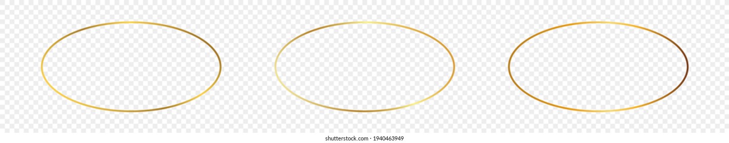 Set of three gold glowing oval shape frames isolated on transparent background. Shiny frame with glowing effects. Vector illustration.