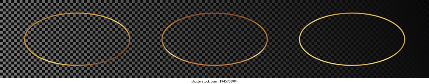 Set of three gold glowing oval shape frames isolated on dark transparent background. Shiny frame with glowing effects. Vector illustration.