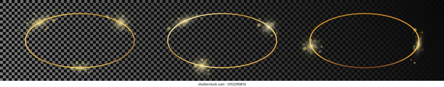 Conjunto de tres marcos dorados de forma ovalada aislados sobre fondo transparente oscuro. Marco brillante con efectos brillantes. Ilustración vectorial.