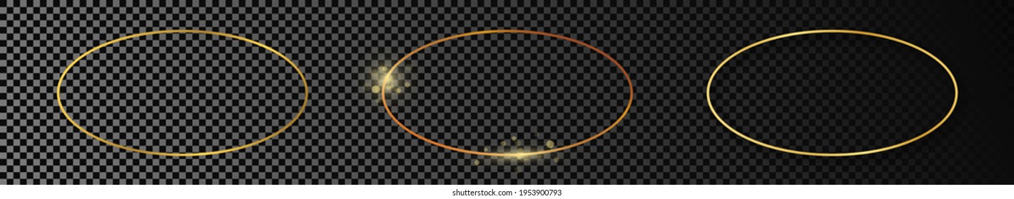 Set of three gold glowing oval shape frames isolated on dark transparent background. Shiny frame with glowing effects. Vector illustration.