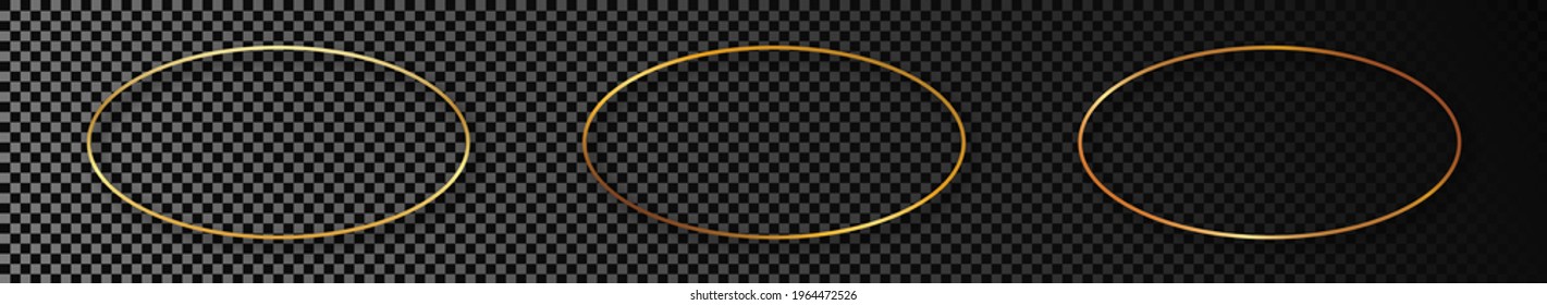 Set of three gold glowing oval shape frames isolated on dark transparent background. Shiny frame with glowing effects. Vector illustration.