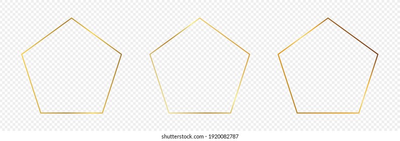 Set of three gold glowing pentagon shape frames isolated on transparent background. Shiny frame with glowing effects. Vector illustration.