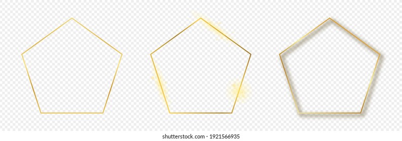 Set of three gold glowing pentagon shape frames isolated on transparent background. Shiny frame with glowing effects. Vector illustration.