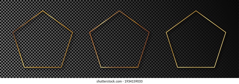 Set of three gold glowing pentagon shape frames isolated on dark transparent background. Shiny frame with glowing effects. Vector illustration.
