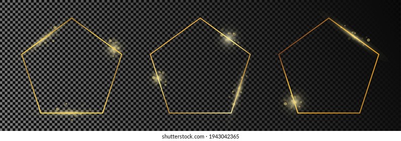 Set of three gold glowing pentagon shape frames isolated on dark transparent background. Shiny frame with glowing effects. Vector illustration.