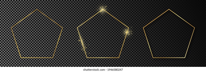 Set of three gold glowing pentagon shape frames isolated on dark transparent background. Shiny frame with glowing effects. Vector illustration.