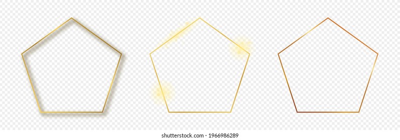 Set of three gold glowing pentagon shape frames isolated on transparent background. Shiny frame with glowing effects. Vector illustration.