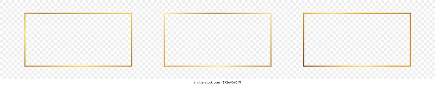 Set of three gold glowing rectangular shape frames isolated on transparent background. Shiny frame with glowing effects. Vector illustration.