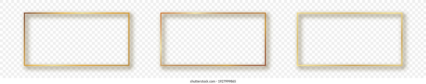 Set of three gold glowing rectangular shape frames isolated on transparent background. Shiny frame with glowing effects. Vector illustration.