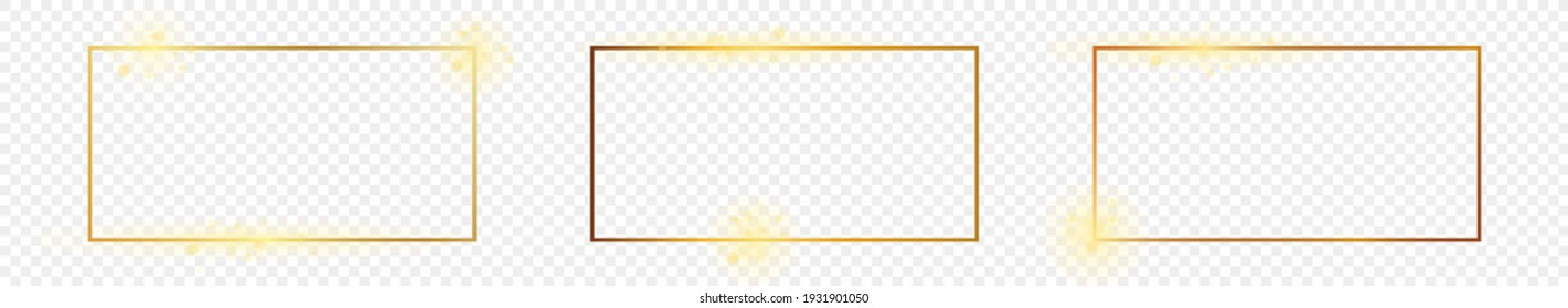 Set of three gold glowing rectangular shape frames isolated on transparent background. Shiny frame with glowing effects. Vector illustration.