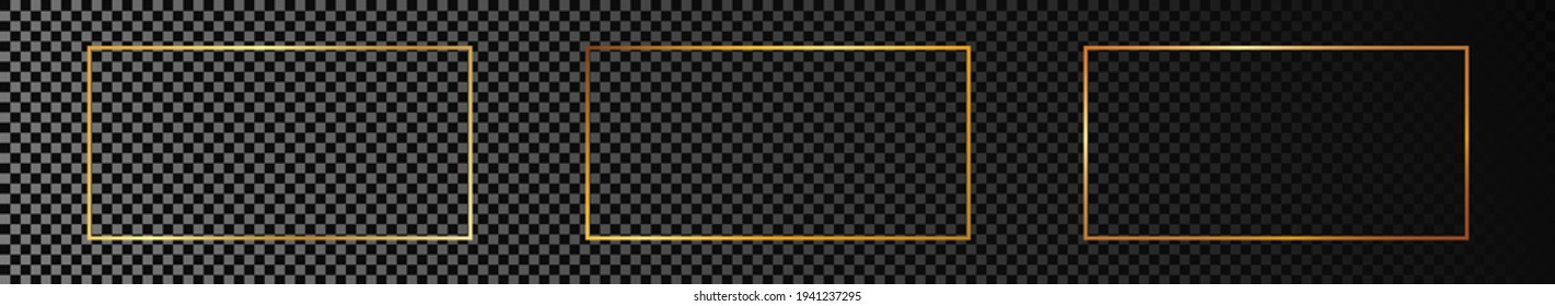 Set of three gold glowing rectangular shape frames isolated on dark transparent background. Shiny frame with glowing effects. Vector illustration.