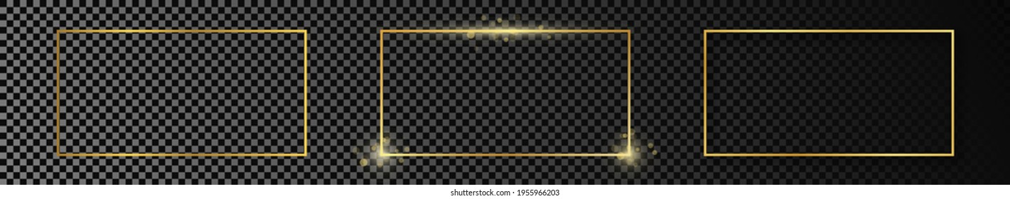 Set of three gold glowing rectangular shape frames isolated on dark transparent background. Shiny frame with glowing effects. Vector illustration.