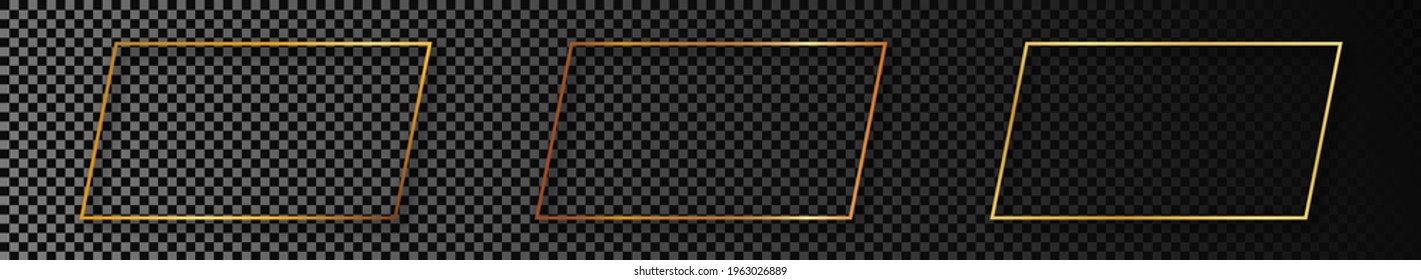Set of three gold glowing rectangular shape frames isolated on dark transparent background. Shiny frame with glowing effects. Vector illustration.