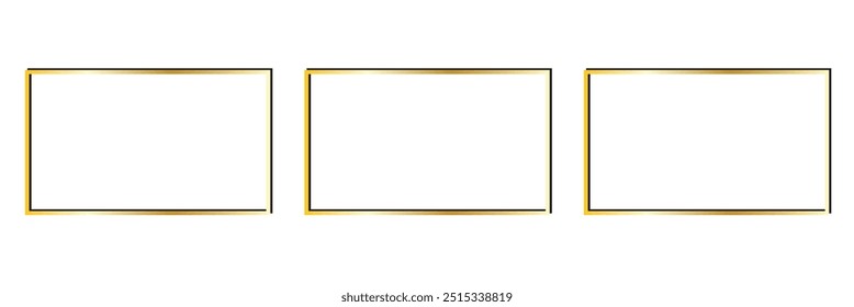 Set of three gold glowing rectangular shape frames isolated on transparent background. Shiny frame with glowing effects. Vector illustration.