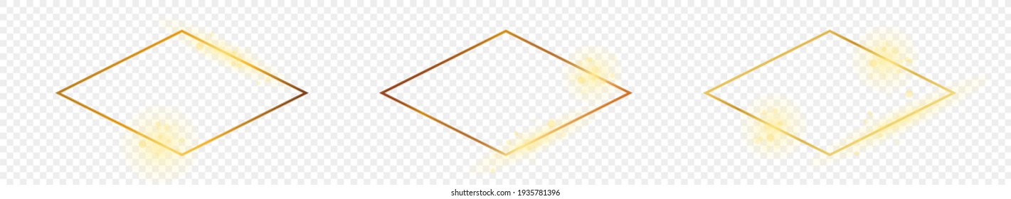 Conjunto de tres marcos de forma rhombus dorados resplandecientes aislados sobre fondo transparente. Marco brillante con efectos brillantes. Ilustración vectorial.