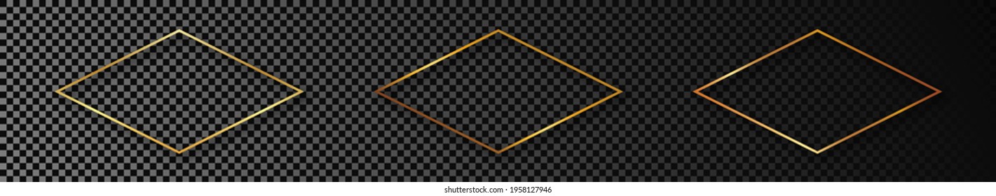 Conjunto de tres marcos de forma rhombus dorados brillantes aislados en un fondo transparente oscuro. Marco brillante con efectos brillantes. Ilustración vectorial.