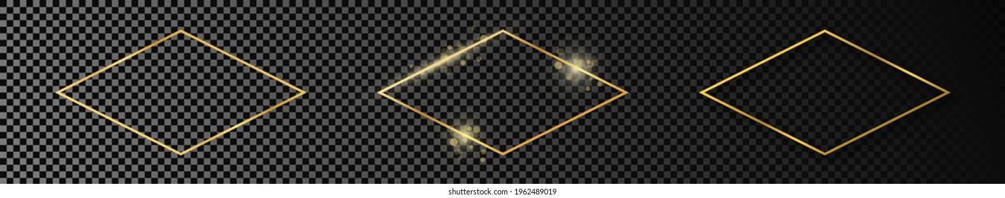 Set of three gold glowing rhombus  shape frames isolated on dark transparent background. Shiny frame with glowing effects. Vector illustration.