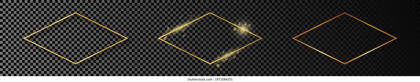 Set of three gold glowing rhombus  shape frames isolated on dark transparent background. Shiny frame with glowing effects. Vector illustration.