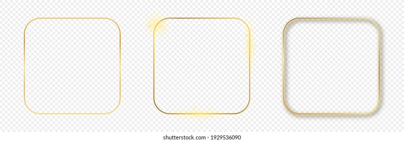 Set Of Three Gold Glowing Rounded Square Frames Isolated On Transparent Background. Shiny Frame With Glowing Effects. Vector Illustration.