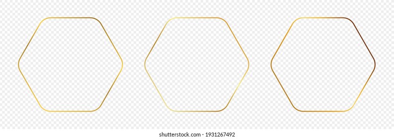 Set of three gold glowing rounded hexagon frames isolated on transparent background. Shiny frame with glowing effects. Vector illustration.