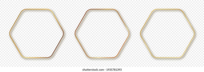 Set of three gold glowing rounded hexagon frames isolated on transparent background. Shiny frame with glowing effects. Vector illustration.