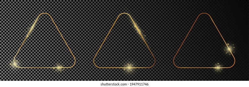 Satz von drei goldglänzenden, abgerundeten Dreiecksrahmen einzeln auf dunkeltransparentem Hintergrund. Leuchtender Rahmen mit leuchtenden Effekten. Vektorgrafik.