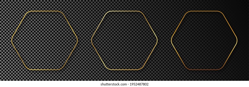 Set of three gold glowing rounded hexagon frames isolated on dark transparent background. Shiny frame with glowing effects. Vector illustration.